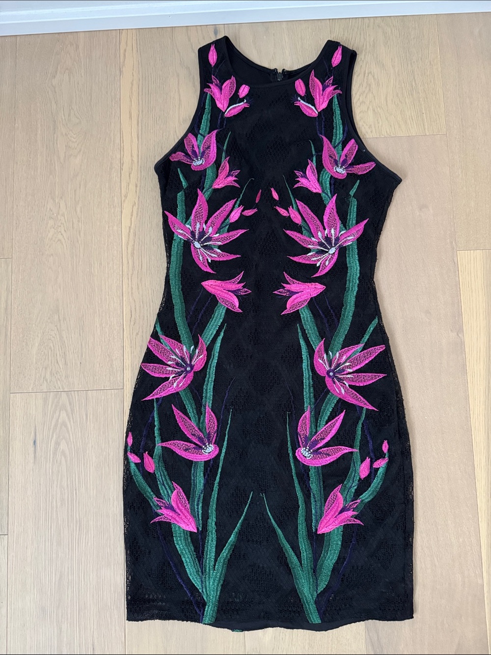 Guess Black Dress with Pink Floral Embroidery